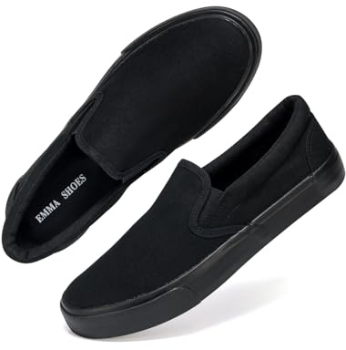 Emma Shoes Low-Top Slip Ons Women's Fashion Sneakers Casual Canvas Sneakers for Women Comfortable Flats Breathable Padded Insole Slip on Sneakers Women Low Slip on Shoes, All Black, 8