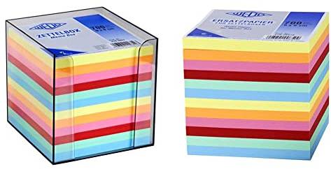 Wedo 2702651 Zettelbox Kunststoff (9 x 9 cm, rauchglas gefüllt, circa 700 Blatt, 6 farbig) & 27026510 Ersatzpapier (für Zettelbox, 9 x 9 cm, 700 Blatt, farbig)