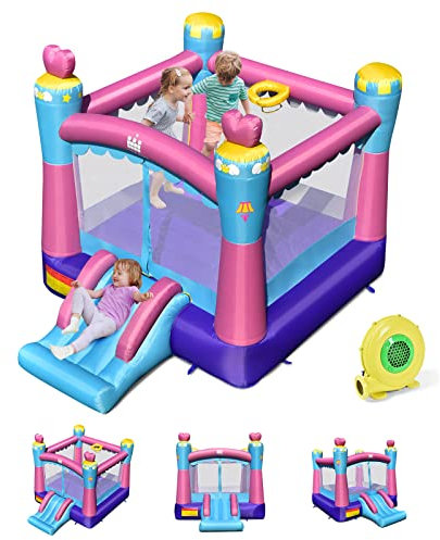 GOPLUS Château Gonflable Princesse avec Toboggan,Aire de Jeu Gonflable avec Panier de Basket,pour Enfants de 3 à 10 Ans Jusqu'à 135KG 265 x 334 x 250 cm avec Souffleur 450W