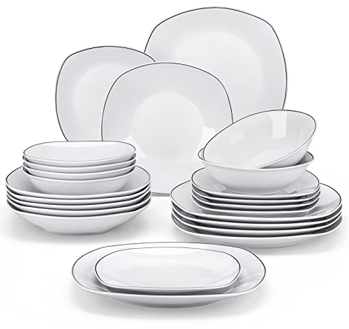 MALACASA Dinner Set with Black Rim, 24-Piece Ivory White Porcelain Plates and Bowls Set Dinnerware Set with 6-Piece Dinner Plate/Soup Plate/Side Plate/Cereal Bowl, Service for 6, Series Elisa