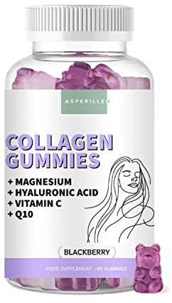 Gommes au Collagène Marin Hydrolysé avec Magnésium + Acide Hyaluronique + Coenzyme Q10 + Vitamine C - Pour la Peau, Cheveux, Articulations et Os - Collagen Gummies - 60 Unités
