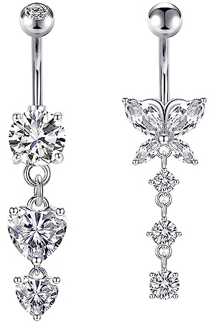 VCMART 2pz Barra dell'ombelico Anello dell'ombelico in acciaio chirurgico da 10mm con ciondolo a forma di cuore di farfalla da 14G Gioielli d'argento per il piercing al ventre (LT0602S101)