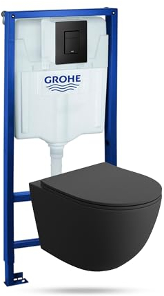 GROHE Vorwandelement Solido + Wand Hänge WC Sinto Schwarz Spülrandlos + WC Sitz mit Absenkautomatik Schwarzer Knopf Komplettset Unterputz Spülkasten Toilette Komplett Sett WC