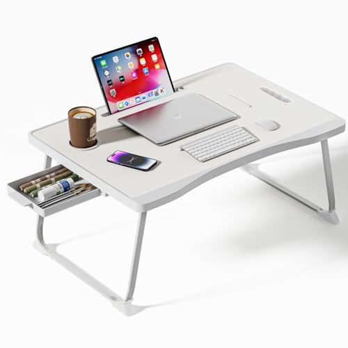 Warmiehomy Laptop Bed Table, Portable Laptop Desk with Handle, Foldable Laptop table with Desktop Card/Cup Slot, Side Drawer for Sofa, Notebook Stand Foldable Tray for Eating Reading Working(White)
