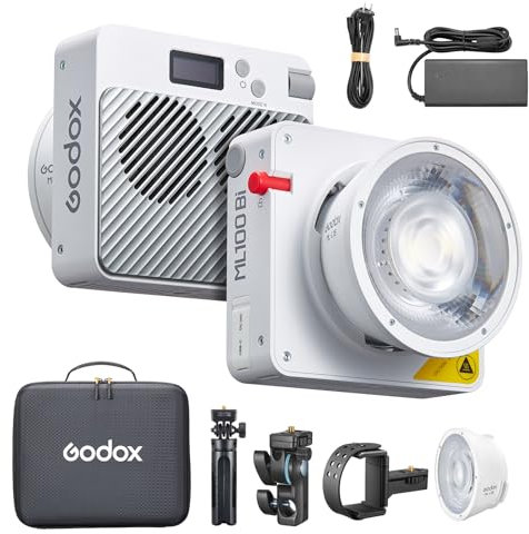 Godox ML100Bi Kit1 Lampe Vidéo LED 120 W, Lumière de Remplissage Bicolore 2800 K-6500 K, CRI97+, TLCI98+, Contrôle par Application, 11 Effets d'éclairage, Support Godox avec réflecteur d'objectif Sac