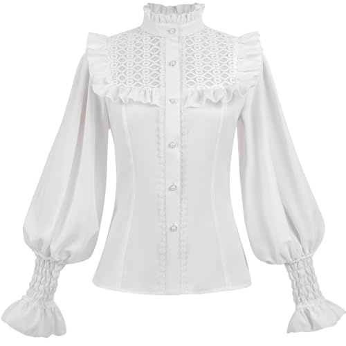 NSPSTT Victorian Gothic Button Down Blouse White Puff Sleeve Top for Women, L