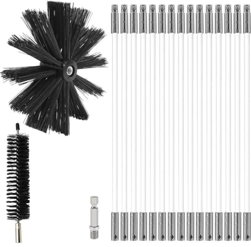 MOCNT Kit di Pennello per Pulizia del Camino Spazzole per Camini Nylon Rotante Flessibile Spazzola Pulizia con 15 Aste Flessibili 1 Testa Pennello 200mm 1 Testa Pennello 38mm