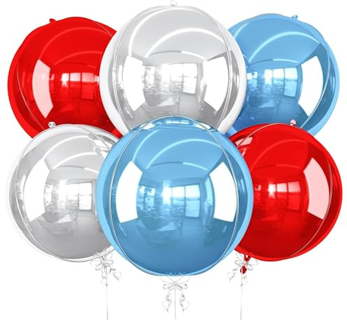 6Pcs Red Blue Silver Round Foil Balloons, 22inch 4D Metallic Balloons, Large Round Foil Ball Balloon for Birthday Graduation 4th of July, Independence Day USA Patriotic Party Decoration