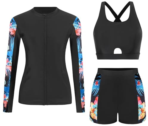 Ausing Ensembles Rashguard pour Femmes Rashguard de Wakeboard Ensemble Maillot de Surf Plage Maillot avec Tankini + Shorts S-XXL