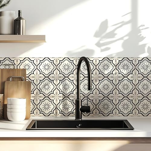 30 Count Moroccan Tile Decals 4 in – Self Adhesive Vinyl Wall Stickers, Waterproof Peel & Stick for Kitchen Backsplash, Bathroom, Stair Tread Accent, Neutral Tan/Black (Black)