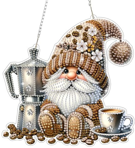 Bowetile Diamantmålning, hänge, tomte och kaffe, gnome diamantmålning, fönsterbilder vuxna, barn hängande ornament, motiv, pysselset för fönsterbilder, vägg, trädgård, dekor, gåva