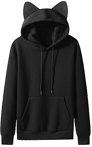 Gefomuofe Sweat à capuche pour homme avec oreilles de chat - Sweat à capuche en polaire - Pour fille - Imprimé Kawaii - Manches longues - Veste d'extérieur fonctionnelle, Noir , M