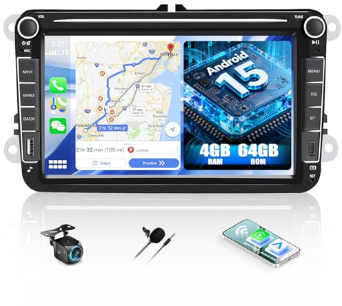Android 15, 4G+64G GOHHDL Autoradio 2 Din con navigatore per VW Golf 5 6 Polo Touran, Touchscreen da 7 pollici con navigatore GPS, WiFi, Bluetooth, Radio FM/RDS, SWC 32EQ, Retromarcia e microfono