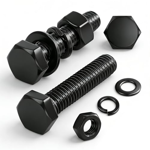 PDKKFF 12 Pcs M10 Tornillos y Tuercas Hexagonales, M10x60mm Juego de Pernos Hexagonales y Tuercas y Arandelas, de Acero Carbono, Negro Tornilleria de Hexágono Para Maquinaria, Muebles, Vehículos