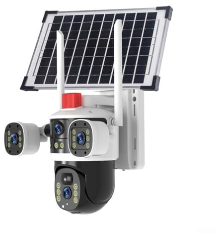 Telecamera di sicurezza per esterni con risoluzione da 8 MP, doppio obiettivo e inclinazione panoramica a 360 gradi, a energia solare e classificazione IP66 (bianco)