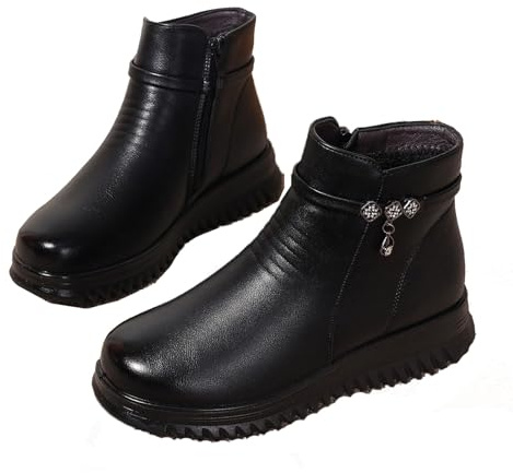 Botas de piel con plataforma y tacón de cuña para mujer, cálidas, antideslizantes, con forro esponjoso, con cremallera lateral, zapatos para caminar para el trabajo, Black, 38 EU