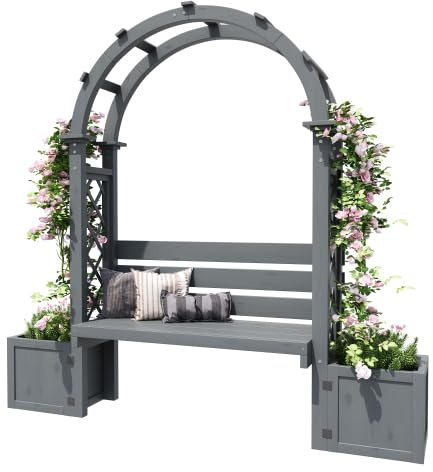 Arco per rose con vaso e panchina, fioriera in legno di abete, supporto per piante rampicanti, vaso per giardino, terrazza, cortile, grigio