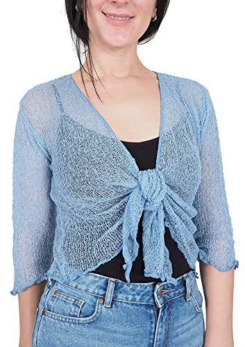 Mimosa Ladies Crochet Shrug Bolero Glitter or Plain Super Stretchy Lace Fish Net Tie at Waist Bolero Open Cardigan Fits UK 6-28 Mid Blue