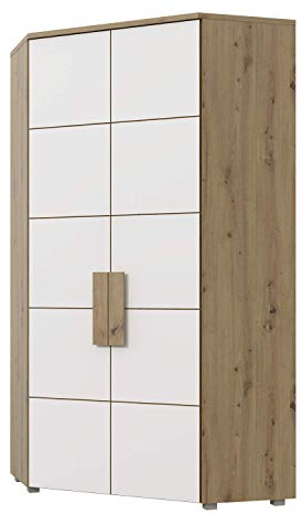FORTE ARKINA Eckschrank 95 100, Eckkleiderschrank, Drehtürenschrank Skandinavisch, 2-türig mit Einlegeböden und Kleiderstange, Weiß / Holzdekor: Artisan Eiche, 97 cm breit x 197 cm hoch x 97 cm tief
