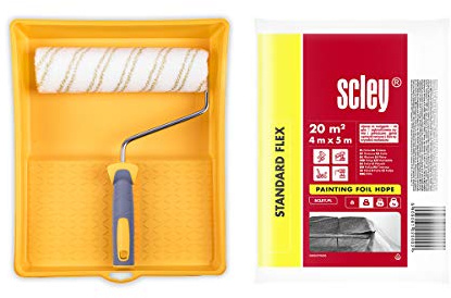 HARDY WORKING TOOLS Set peintre, rouleau de peinture, bac à peinture, film de protection et rouleaux de couleurs, Hauteur des poils 12mm, Largeur 25cm, Diamètre 48mm, blanc-jaune-gris, A0180-514000