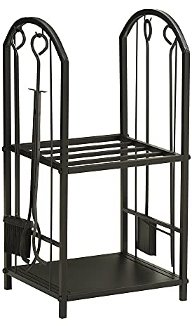 Outsunny kaminholzregal Kaminholzständer Brennholzregal mit 4 zusätzlichen Brennholzwerkzeugen Kaminbesteck 2-Ebenen-Design Feuerholzablage Kaminwerkzeug Metall Schwarz 41,5 x 32,5 x 74,5 cm