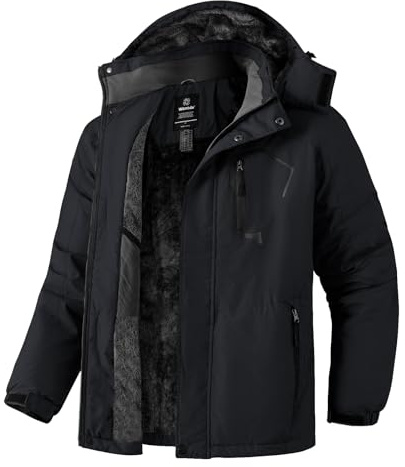 Wantdo Chaqueta de Esquí de Montaña para Hombre Abrigo de Invierno Impermeable con Capucha Cazadora de Snowboard Cálida Chaqueta al Aire Libre Antiviento Hombres Negro-N L