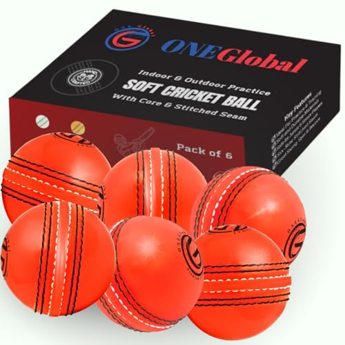 ONEGlobal Practice Cricket Ball | Pelota de Críquet de Entrenamiento de Goma Flexible y Segura | Con Costura y Núcleo para Bounce, Swing & Spin | Ideal para el Desarrollo de Habilidades (Paquete de 6)