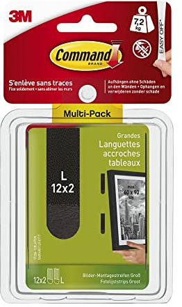 Command Klebestreifen, Vorteilspack 12x2 Größe L (24 Strips), Schwarz - Bilder Aufhängen ohne Bohren, Streifen halten bis zu 7,2 kg, Rückstandsfreies Ablösen