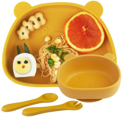 Baby Teller,Kinderteller mit Saugnapf,Rutschfest Kinder Tischset,Silikon Baby Teller,Babyteller mit Löffel Gabel, BPA Frei, Babygeschirr,Spülmaschinen-und Mikrowellenfest 4 Stück…