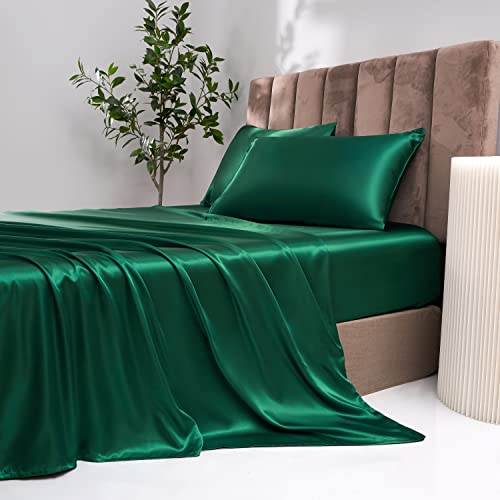 Damier Satin Spannbettlaken 90x200cm Grün Dunkelgrün Seide Glänzend Spannbetttuch Hochwertiges Satin Deluxe Bettlaken, geeignet für Matratzen bis 30cm