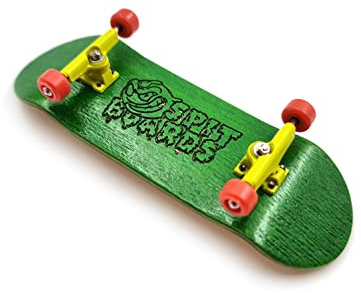 SPITBOARDS 32mm Fingerboard Wood (pré-assemblé, 5 Couches) Trucks, Roues avec roulement, Foam Grip Tape (Planche: Vert, Trucks : Jaune, Roues : Rouge)