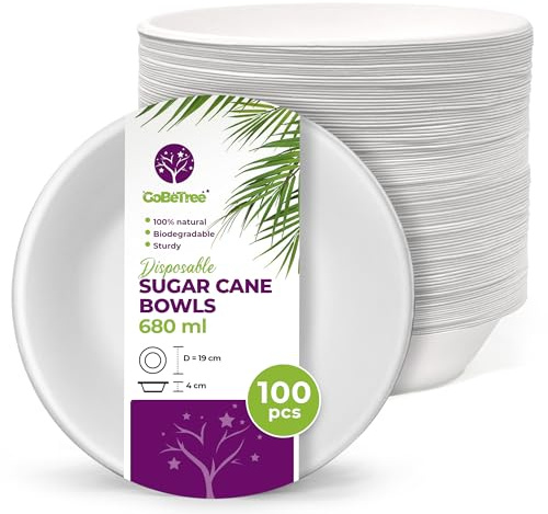 GoBeTree 100 Ciotole Usa e Getta Canna da Zucchero 680 ml. Ciotole per Poke, Ramen e Insalata Grande, Microonde e Congelatore, Antiscivolo e Impilabili