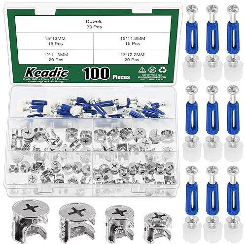 Keadic 100Pcs Eccentric Wheels Cam Locks for Furniture Connecting（4 Sizes）,3 in 1 Game Connector Bolt Fittings Fasteners Hardware Parts Nut & Bolt Assortment Sets for Wardrobe Cabinet Drawer Dresser