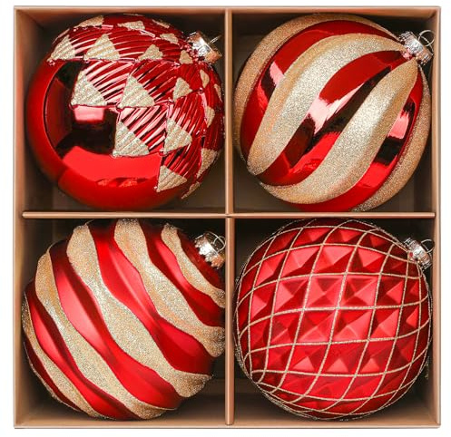 Alupssuc 6''/150mm Large Christmas Ball Ornaments, 4Pcs Christmas Tree Decor, Shatterproof Hanging Decorations with Hooks, Red & Gold Baubles for Xmas Tree, Wedding, Holiday and Party Decor