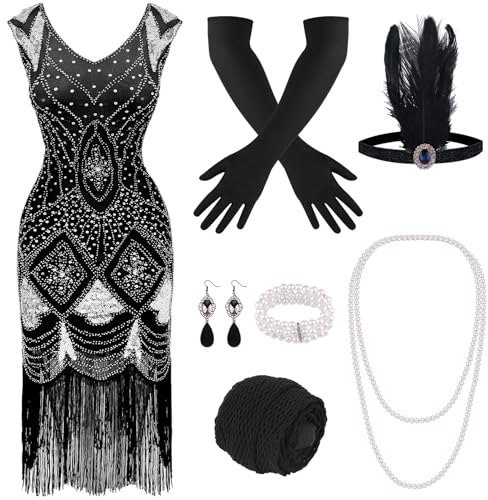 PLULON 1920er-Jahre-Flapperkleid mit Pailletten, Perlen, Fransen und 20er-Jahre-Accessoires-Set (Schwarz und Silber)