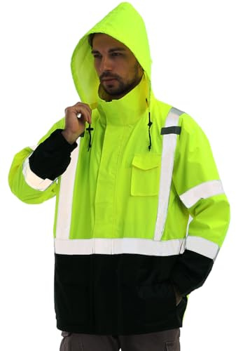 sesafety Hi Vis Rain Jacket, Rain Suits for Men Waterproof withBlack Bottom, Rain Coats for Men Interior Mesh, Class 3 HighVisibility Rain Gear,Removable Hood