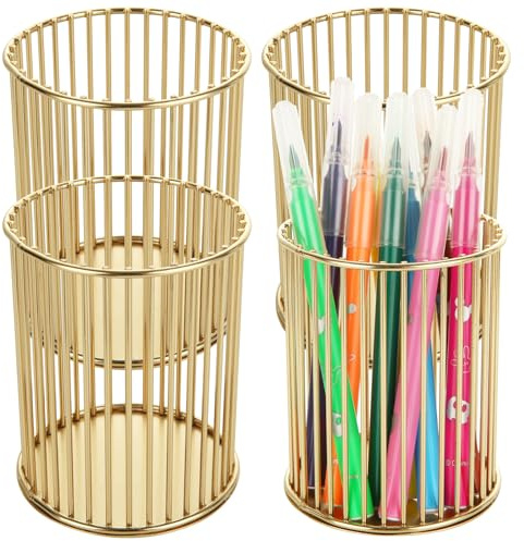 LDHHYH 4 Pack Pen Holder, Gold Pen Holder for Desk,10 x 8 cm Pencil Pot | Gold Pencil Holder, Mesh Desk Organizer, Gold Nordic Style, For Pens, Pencils, Art and Cosmetic Brushes