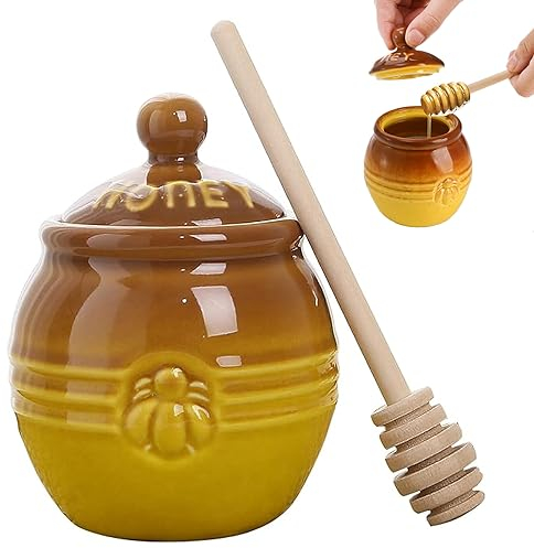 Tomuvpzn Honigtöpfe Keramik, Honigtopf,Keramik Honig Topf mit Honiglöffel Holz und Deckel,Honigbehälter und Honig Löffel mit Löffel und Deckel,Honigtopf Lebensmittelbehälter(250ML)