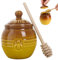 Tomuvpzn Honey Pot Ceramic Honey Pot, Ceramic Honey Jar with Wood Honey Dipper and Lid, Yellow+Brown Honey Dispenser, Honey Pot Food Container for Home Cooking Kitchen Baked Goods Container 250ML