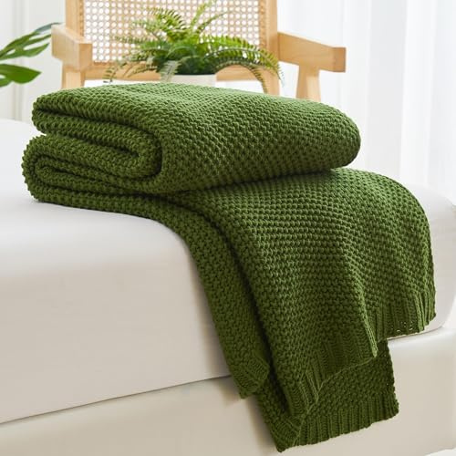 Aganear filt för soffa - varm tjock stickad filt för säng ekologisk bomullsfilt för soffa, mysig filt stickad filt för användning alla årstider idealiskt presentval (127 x 152 cm, olivgrön)