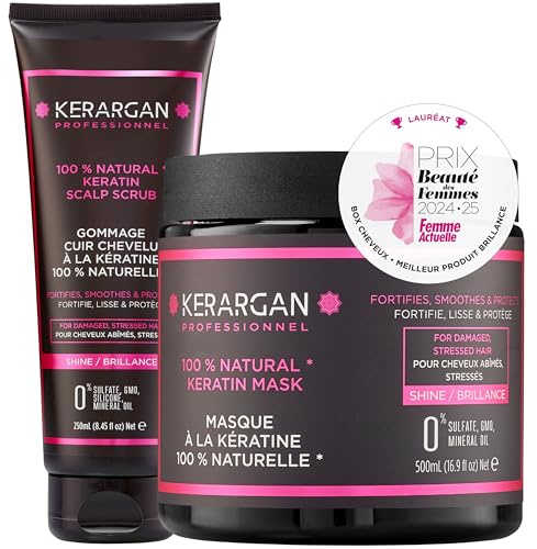 Kerargan - Duo Maske und Kopfhautpeeling mit Keratin für strapaziertes und gestresstes Haar - Nährt, Exfoliert und Schützt - Ohne Sulfate, GVO, Mineralöle - 500ml + 250ml
