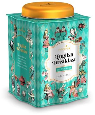 Charbrew Alice In Wonderland English Breakfast Metal Tea Tin Caddy Gift – 100 Teabags Black Tea Blend