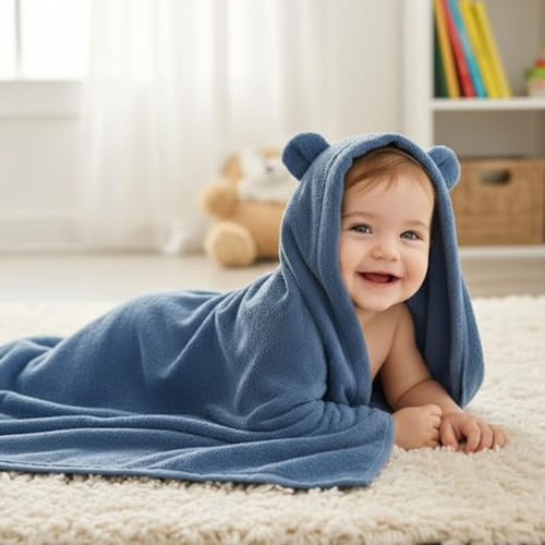BABANINI Toalla de Baño con Capucha para Bebé, Niño y Niña, Extra Grande 90x130cm, 100% Bambú 600GSM, Regalo Recién Nacido 0-10 años (Azul)
