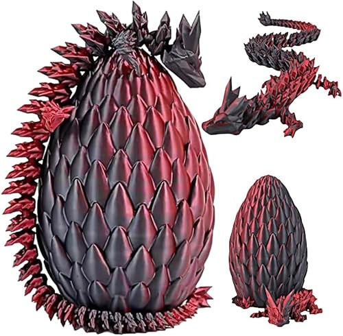 Huevo De Dragón Impreso En 3D,Dragón y Huevo De Dragón De Cristal Totalmente Articulado y Flexible,Adornos De Dragón,Juguete De Dragón De Escritorio para Decoración del Hogar (Negro Rojo)