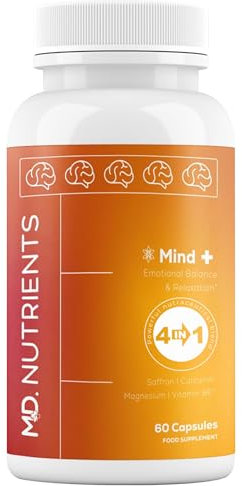 MD Nutrients® Mind+ | Brain, Mood & Stress Balance | 4-in-1 Formula with Saffron (Affron®), HydroCurc® Curcumin, Magnesium Bisglycinate & Vitamin B6 | Focus, Energy & Vitality | Vegan | 30 Days