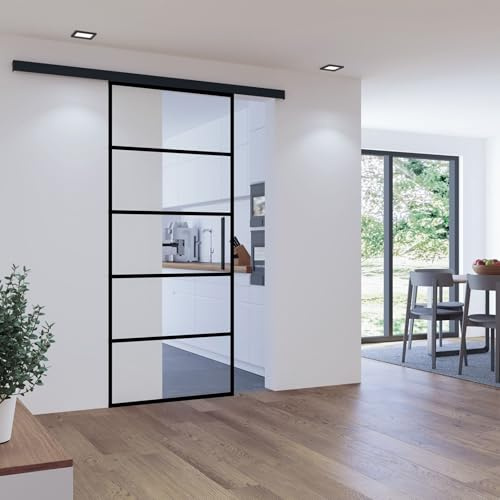 inova Glas-Schiebetür Klar 1025x2200mm schwarze Blockstreifen 8mm Komplett-Set Schiebetürbeschlag inkl. Softclose beidseitig