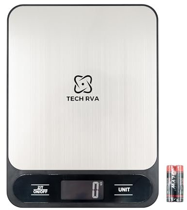 TECH RVA Bilancia da Cucina Digitale 5kg con Funzione Tara, Display LCD, Multifunzione g/kg/oz/lb/ml, Acciaio Inox, Ultra Sottile, Batterie Incluse