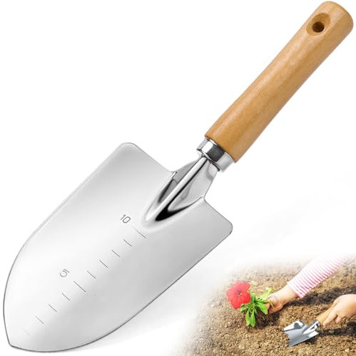 Aluminium Garden Trowel with Measurement Markings, Lightweight Wooden Handle, Heavy Duty Digging Tool for Planting, Soil, Compost