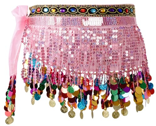 Women’s Belly Dance Hip Scarf Shiny Sequins Gold Coins Wrap Skirt Belt Wait Chain for Performance Festival Costume (Pink + Colorful Coins)