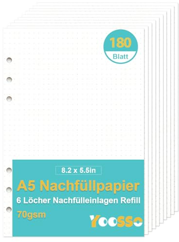 180 Blatt A5 Nachfüllpapier Gepunktet, 6 Löcher Nachfülleinlagen Refill Ringbucheinlagen für A5 Notizbuch Tagbuch Skizze